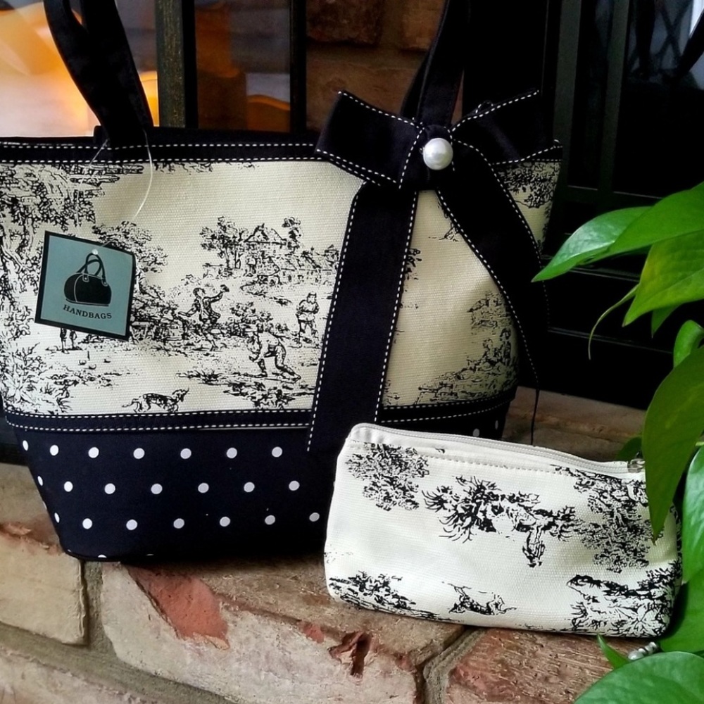 🆕 Toile Bow & Polka Dot Handbag with Cosmetic Case